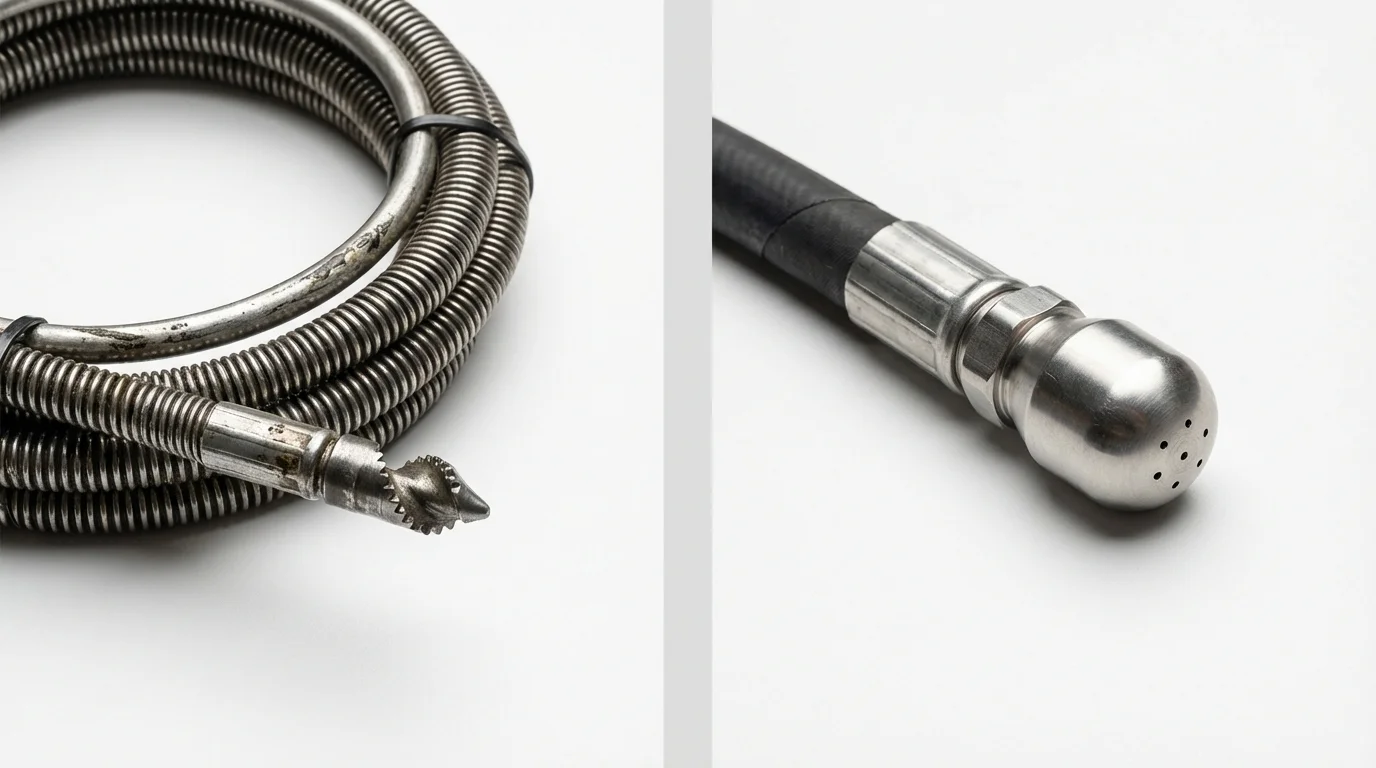 Drain snake cable and hydro jetting nozzle used for drain cleaning in Hampstead, NH