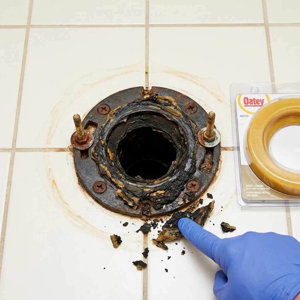 Failed wax ring showing water seepage at the base of a toilet in a Hampstead, NH home
